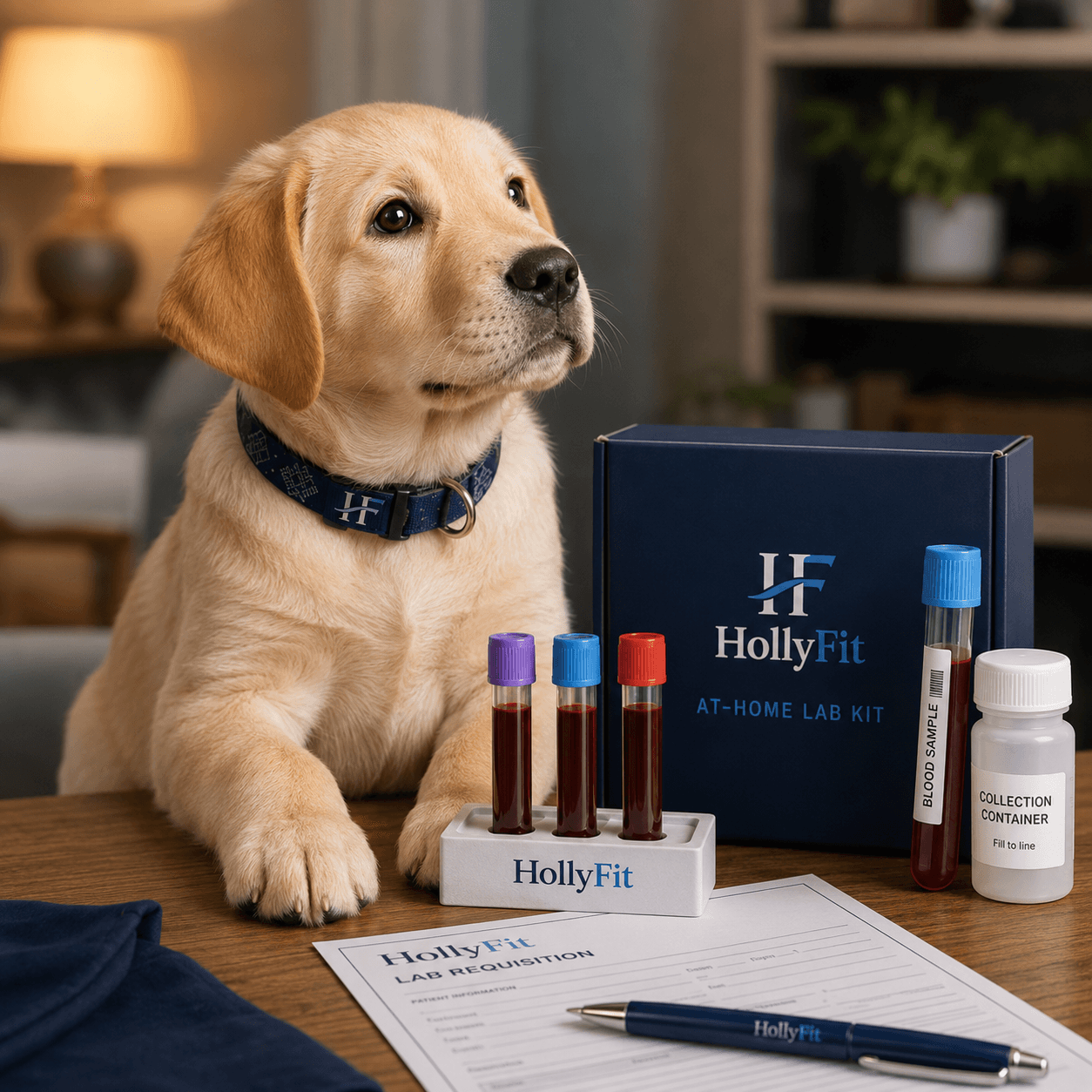 HollyFit at-home lab kit with a lab puppy