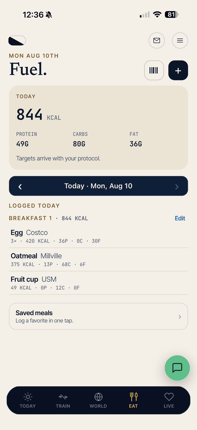 HollyFit Eat screen - calories, macros, and meals logged today