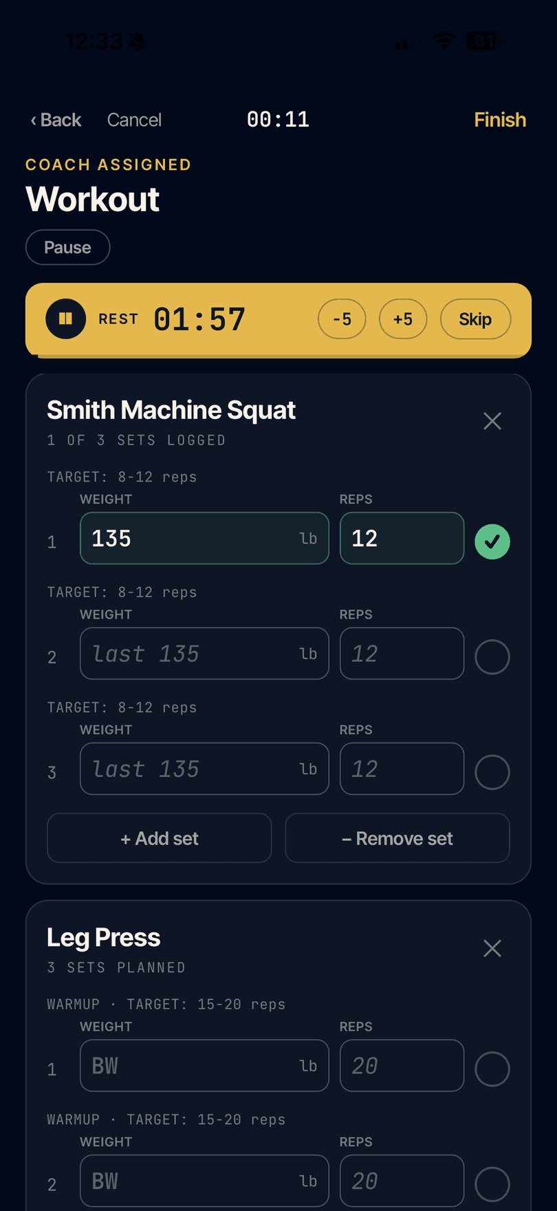 HollyFit workout in progress - logging sets with a rest timer