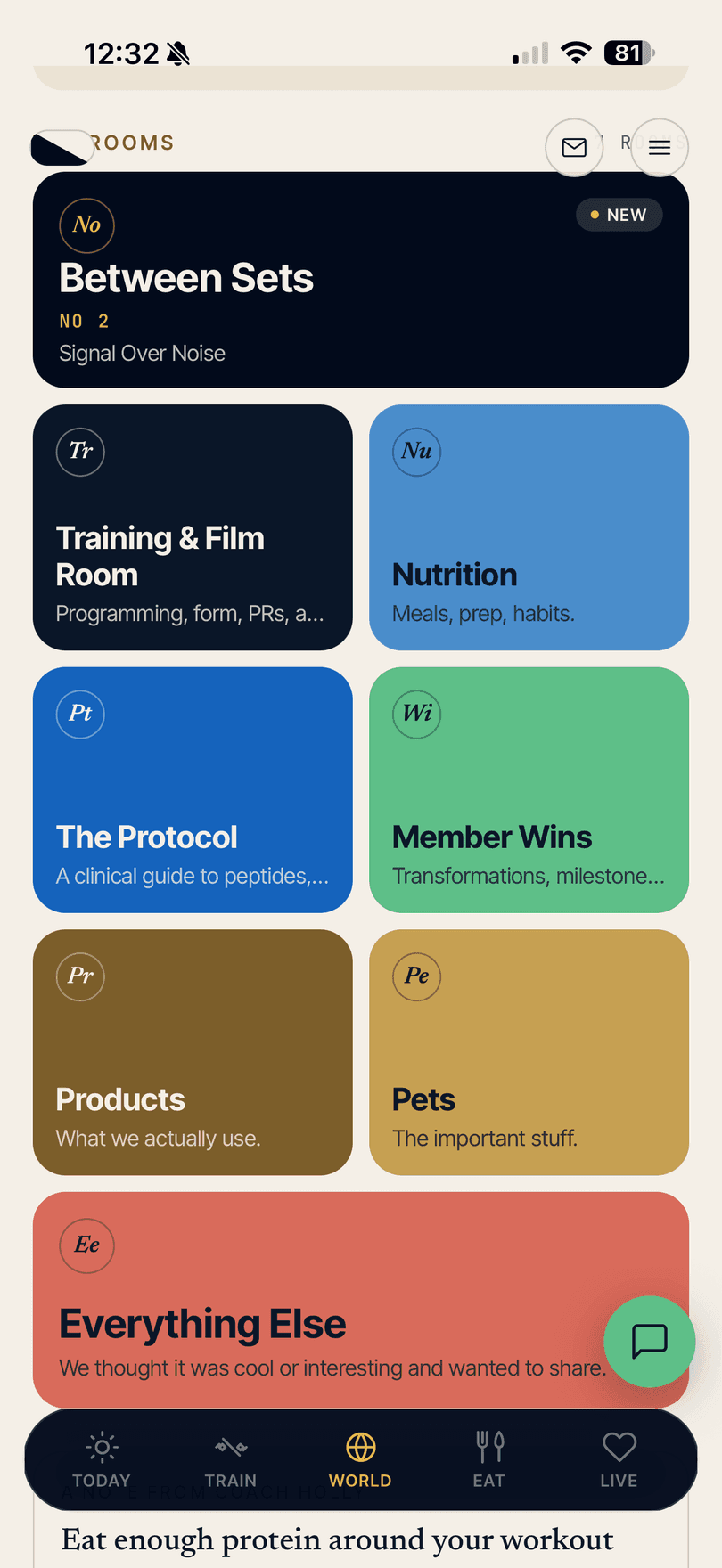 HollyWorld rooms - Between Sets, Training, Nutrition, Protocol, Member Wins