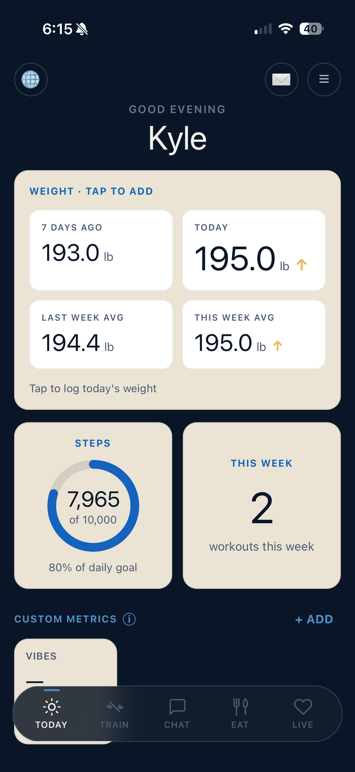 HollyFit Today screen - weight trend, daily steps, workouts this week