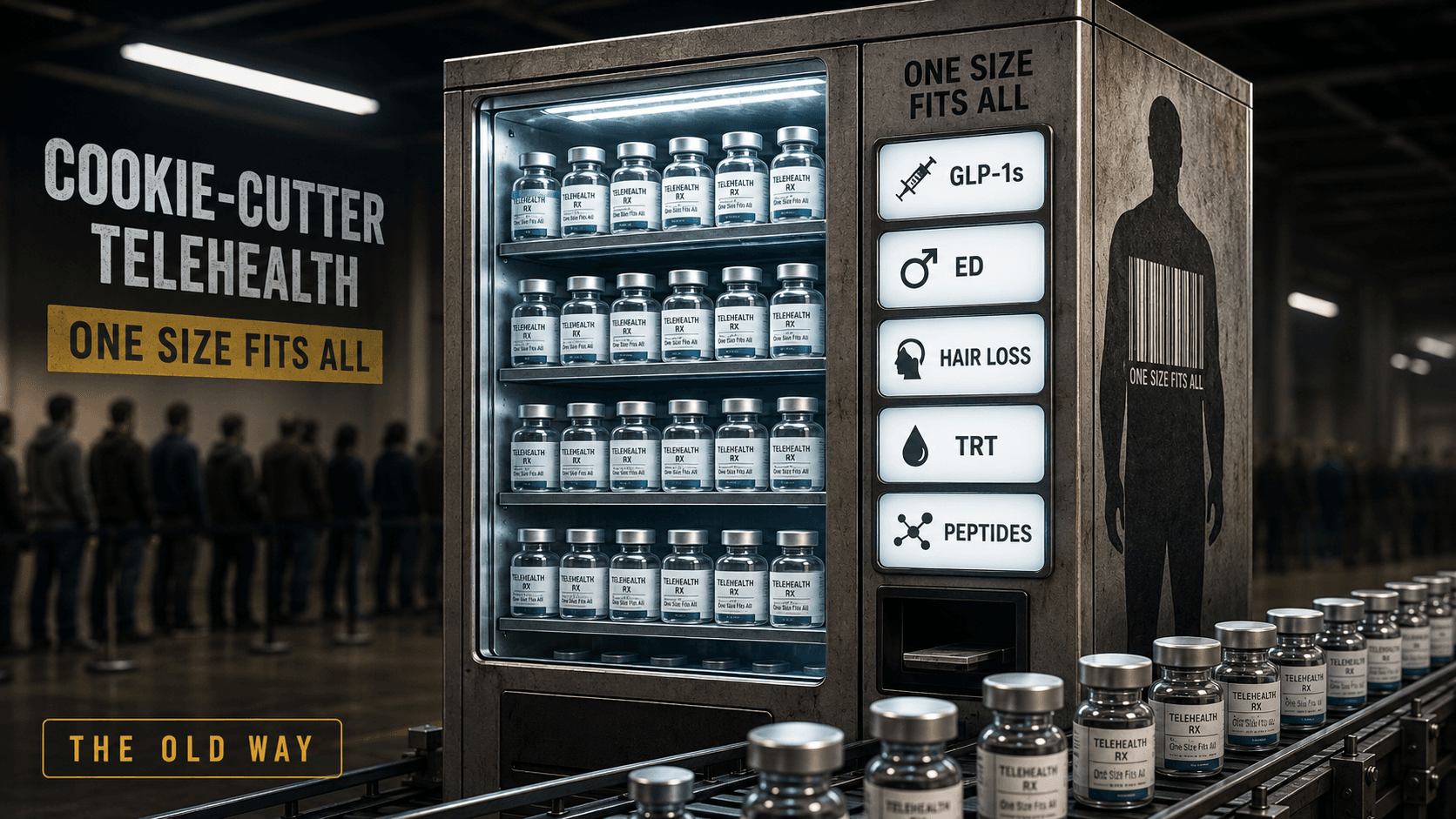 A cookie-cutter telehealth vending machine churning out identical prescription bottles — the mass-produced shortcut.